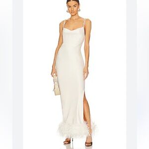 Bubish Farah Feather Trim Slip Dress White satin Cream gown bridal Revolve NWT M